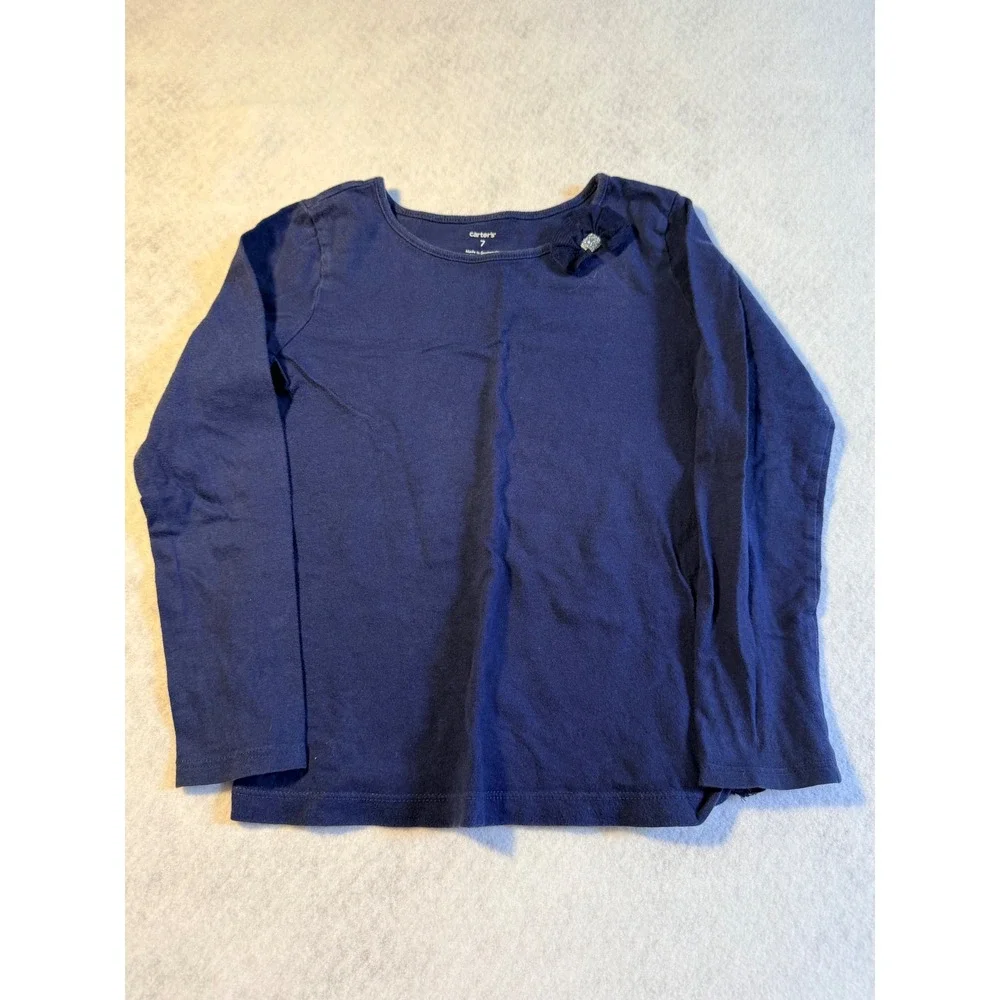 Carters Girls Navy Blue Long Sleeve Tee Shirt Bow Rhinestone Detail Size 7